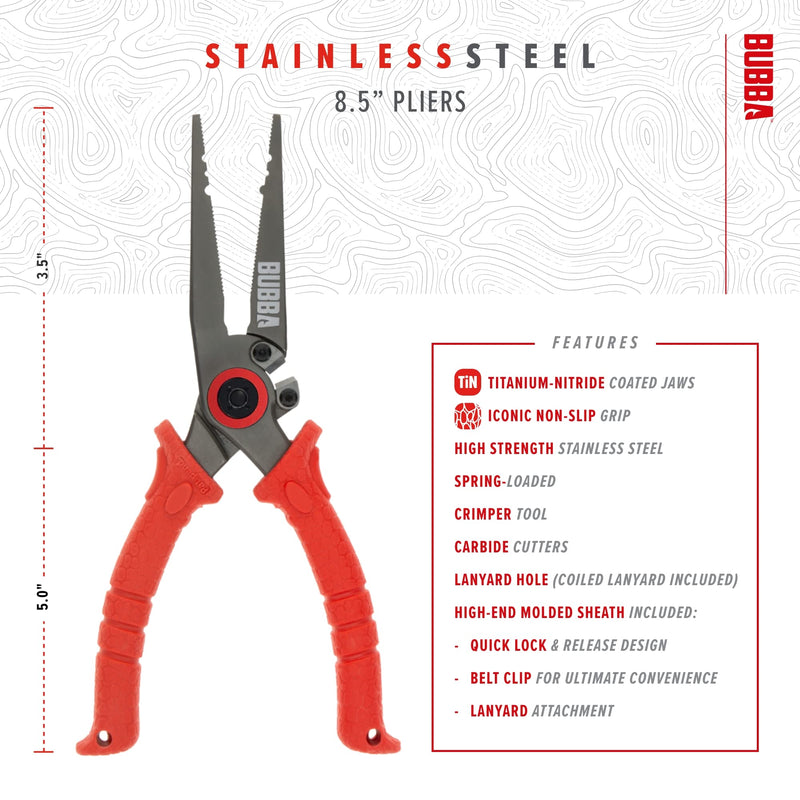 BUBBA 8.5" Stainless Steel Pliers with Non-Slip Handle, Spring Loaded with Crimping Tools and Anvil Cutters Lanyard Hole and Sheath 8.5" Pliers