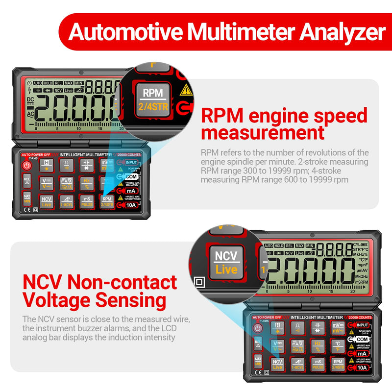  [AUSTRALIA] - ANENG Multimeter,20000 Counts Digital Rechargeable Automotive Engine Analyzer with 300-19999RPM Tach,Dwell Angle,Duty Cycle,AC/DC Current,Voltage,Amp,Ohm,Flip LCD,Data Hold Tester for Car Diagnostics 20000 Counts Flip Multimeter