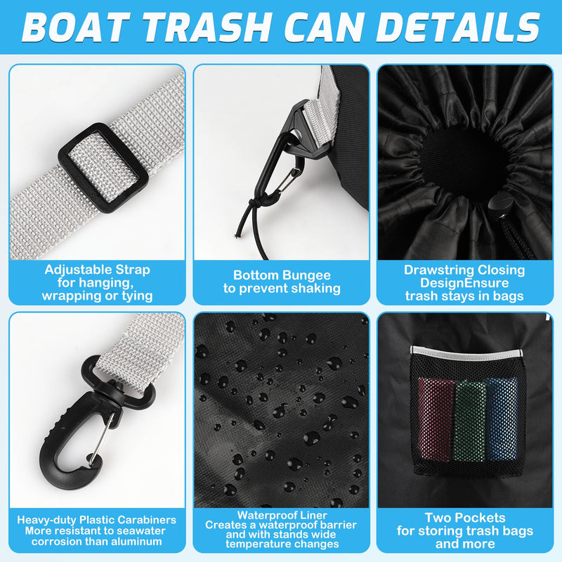 Waterproof Boat Trash Can with 6 Clips, Reusable Boat Garbage Can, Portable Pontoon Boat Accessories for Storage, Leakproof Boat Trash Bag for 10-13 Gal Garbage Bags, Boating, Camping, RV, Kayak