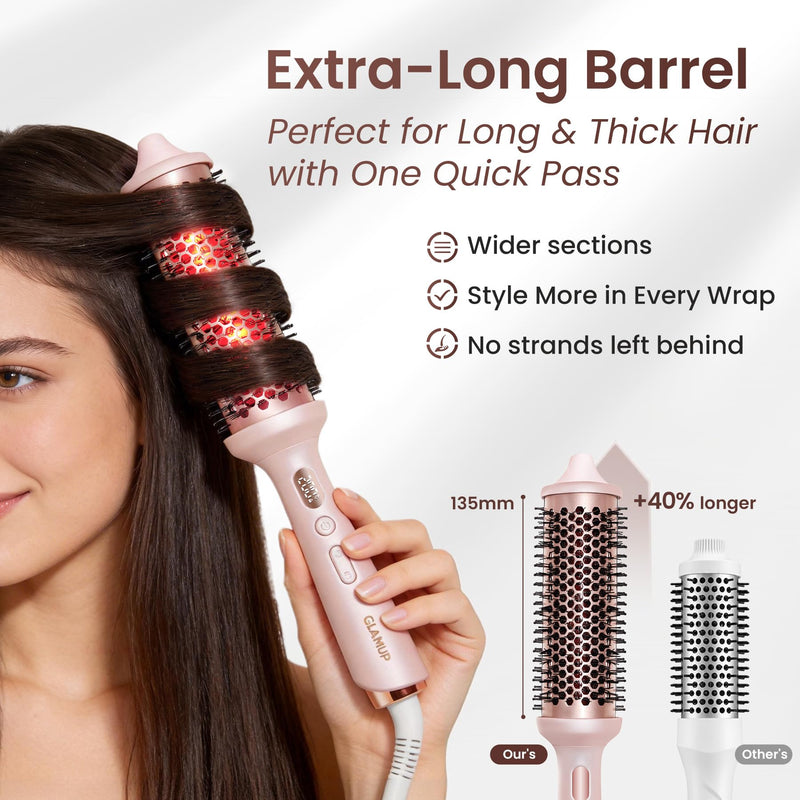 GLAMUP® Beauty Infrared Thermal Brush 45mm, Fine Damaged Hair Blowout Look | Healthier Heat for High-Gloss Shine, Extended Barrel Volumizer, Anti-Frizz Soft Waves & Face-Framing Flicks, Dual Voltage Whisper Pink