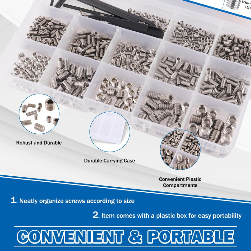 2000PCS Set Screws, 26 Sizes Metric & Sae Set Screw Assortment Kit, Allen Head Hex Socket Head Grub Screws for Bathroom Fixtures, Door Handles, 304 Stainless Steel (M3-M8, 1/8"-40 to 5/16"-18) 2000PCS-Silver