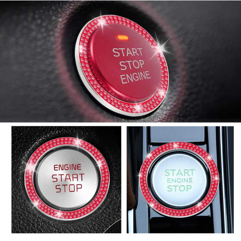 2PCS Push Start Button Ring,Bling Rhinestone Car Engine Start Stop Decoration Ring, Cute Car Accessories,Bling Car Accessories for Women Interior (Red) red-2