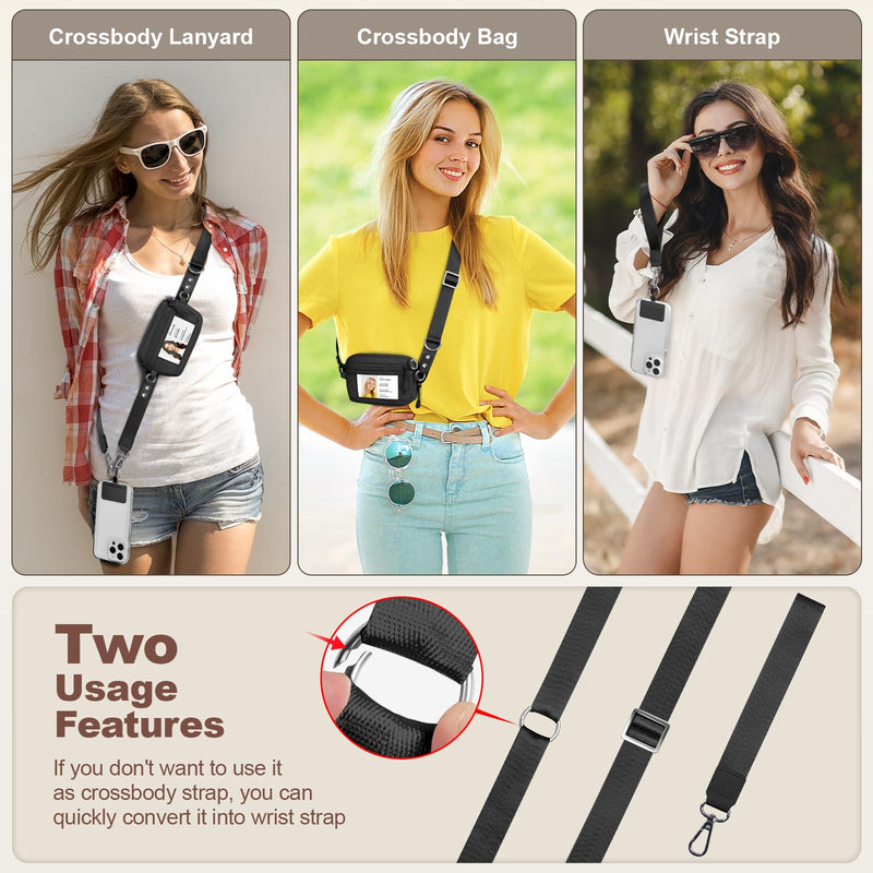 Clip and Go Strap for Phone with Wallet Crossbody, Adjustable & Detachable Phone Lanyard with RFID Wristlet Wallet, ID Window, Zipper, Universal Phone Strap for All Phones, Black (M) Medium