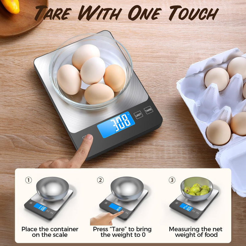 NASA-Grade 33lb Digital Kitchen Scale, Precisely Measures Grams and Ounces for Baking and Cooking,304 Stainless Steel Silver Black