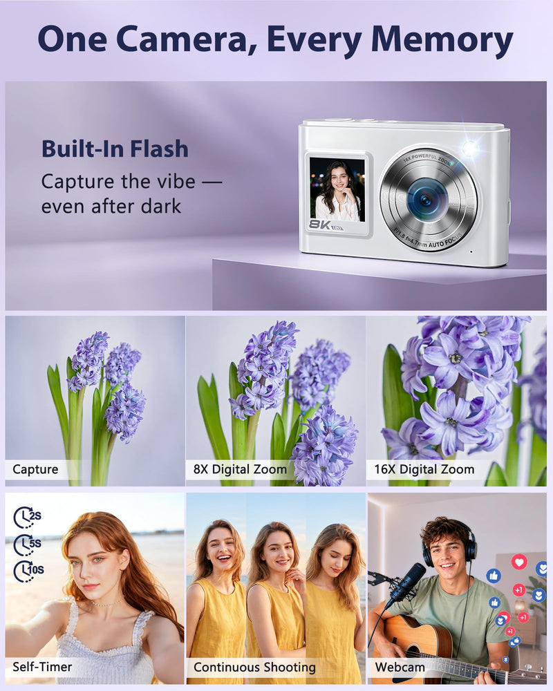 8K Digital Camera, 96MP WiFi Camera for Photography with Dual Screen(White) | Autofocus, Anti-Shake, 16X Zoom, Vlogging Point Shoot Camera for Teens, Beginners, Travel, 2 Batteries, 32GB Card White