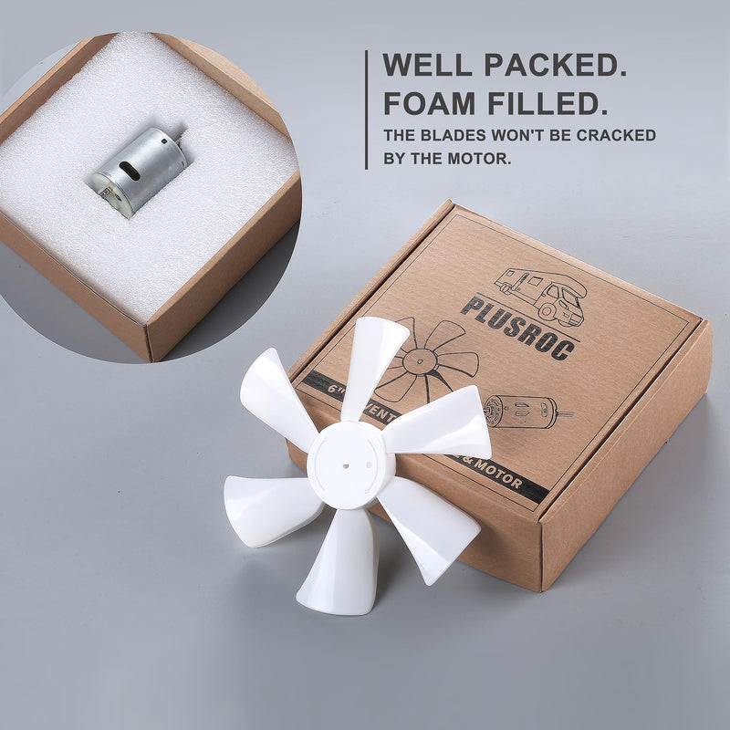 PlusRoc RV Vent Fan Replacement 6 inches RV Exhaust Bathroom Ventilation Roof Ceiling Fan 12V D-Shaft Motor White Blades Compatible with Heng's Elixir Jensen, 130 CFM D Shaft Large Motor (130CFM)