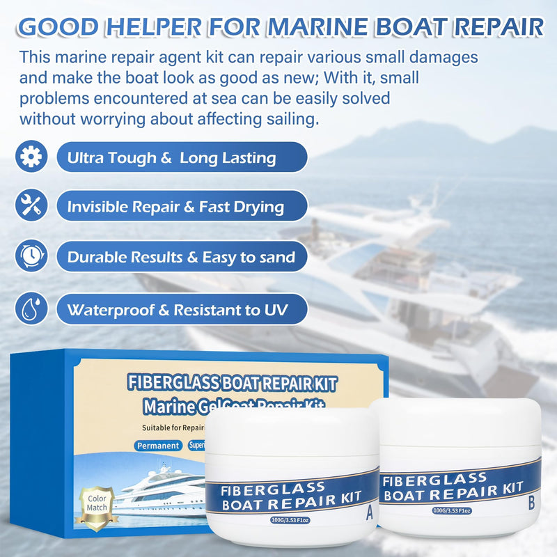 Marine Fiberglass Repair Kit for Boats, 200g/7.06oz Gel Coat Kepair kit for Boats, Epoxy Filler for Repairs Cracks, Scratches, Debris, Holes, Gaps, Suitable for Fiberglass, Acrylic, Porcelain