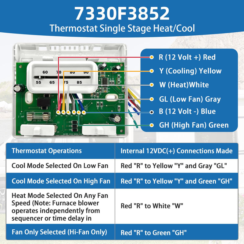 White 7330F3852 RV Thermostat for Coleman Mach RV Thermostat Heat/Cool 7330G3351 Air Conditioner Parts Single Stage Heating/Cooling Control
