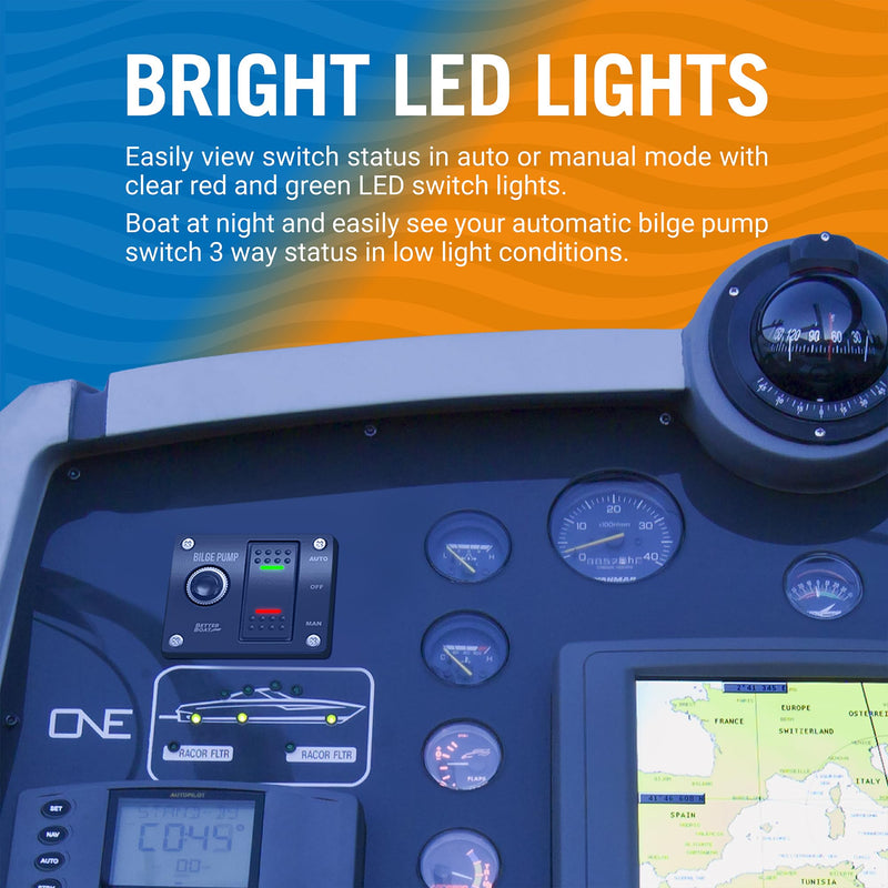 Bilge Pump Switch, 3-Way Panel with 12V LED Lights, Rocker Switch for Manual and Automatic Operation, Compatible with Auto Bilge Pump and Float Switch, Marine Grade for Boats