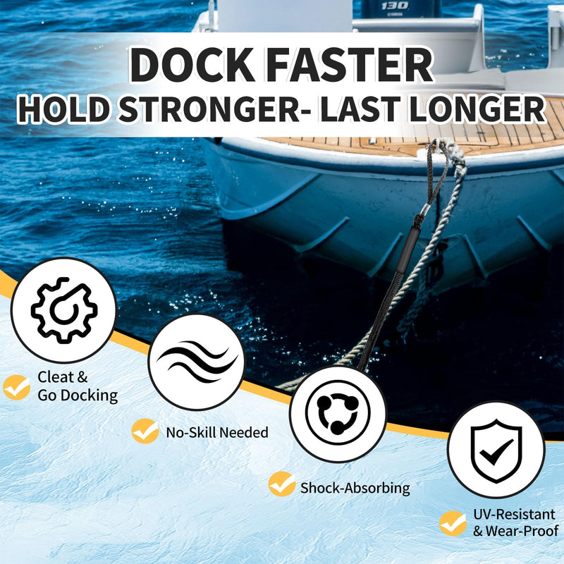 Bungee Dock Line for Boats – 3ft Elastic Mooring Rope with Stainless Steel Clip – Quick Dock Tie for Jet Ski, Pontoon (Black) Black