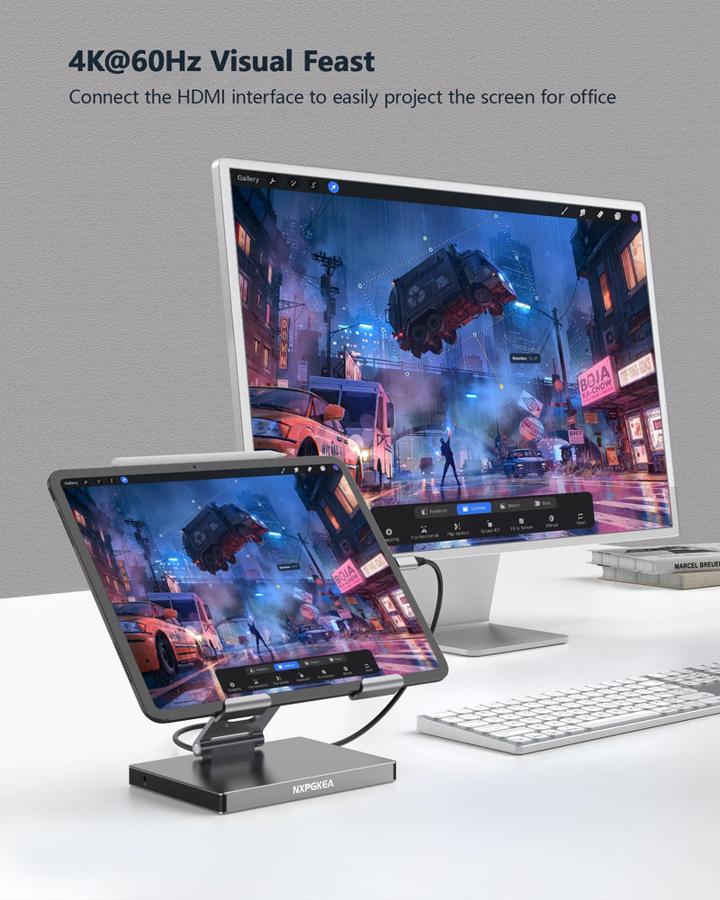 iPad USB C Hub Stand, 9-in-1 Multiport Adapter for iPad Pro M4 M3 M2 13 12.9 11 Inch Docking Station Foldable with 4K60Hz HDMI, RJ45 Gigabit Ethernet, SD/TF Card Reader, USB 3.0, 3.5 mm Audio ST901