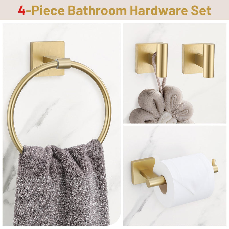 Towel Ring Set 4 Piece Bathroom Hardware Set Includes Towel Ring 2 Towel Hooks and Toilet Paper Holder Stainless Steel Wall Mounted (Brushed Gold) Brushed Gold Set C