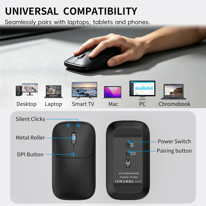 Bluetooth Mouse for Laptop Mac MacBook PC Chromebook Notebook - Black | No USB Receiver, Slim Portable Design, Silent Click, 4 DPI Adjustable, Long Battery Life, Aluminum Alloy Roller Computer Mice