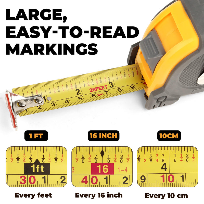 MulWark 2 Pack Metric Tape Measure, Easy Read Measuring Tape Retractable with Fractions 1/8, Both-Side Metal Blade, Magnetic Hook & Shockproof Case for Construction, Carpenter, Architect, Woodworking 26 ft Yellow-Grey