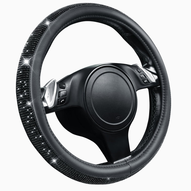 CAR PASS Bling Diamond Leather Steering Wheel Cover, With Sparkly Crystal Glitter Rhinestones Universal Fit 14"1/2-15" Car Wheel Protector for Women Girl Fit Suvs,Vans,Sedans,Car,Trucks, Black Diamond Black Diamond on Velvet