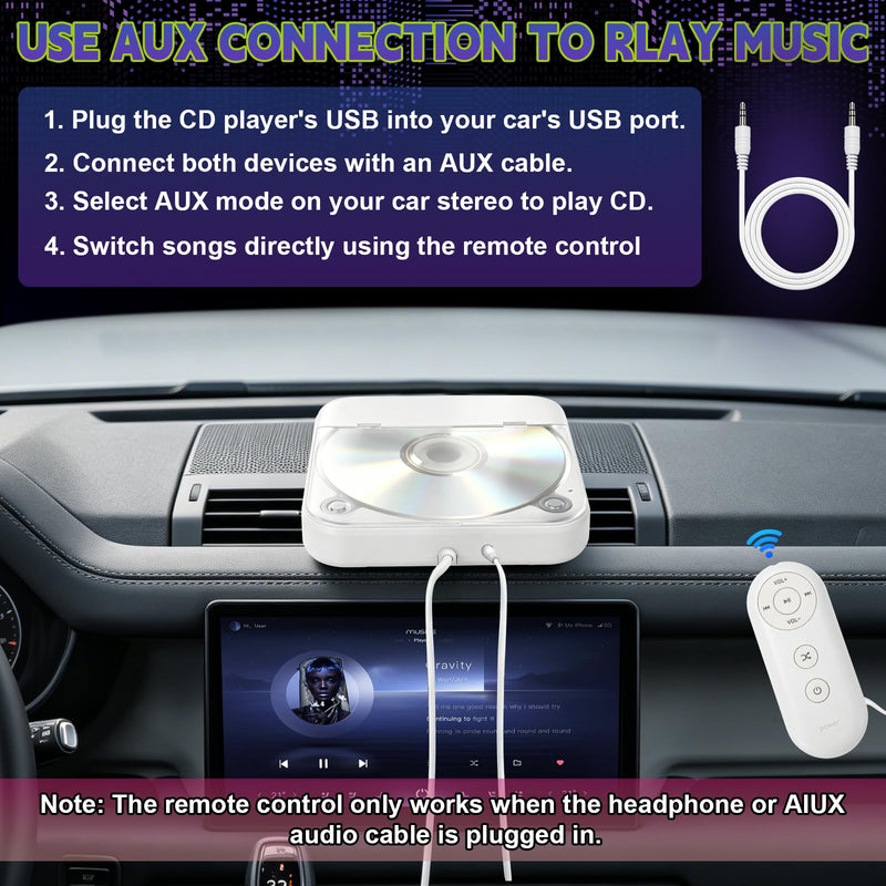 Portable CD Player for Car, External Car CD Player with USB/AUX Port | Plug & Play CD Player for Car, Anti-Skip, Shockproof, USB & AUX Compatible, Works with Car Stereo/Laptop/Desktop/TV White