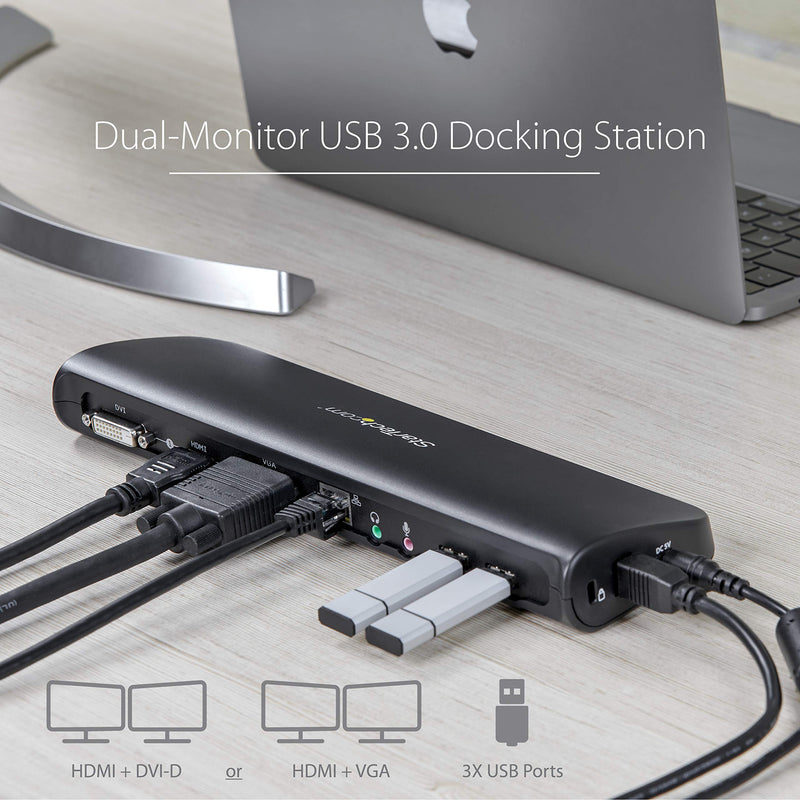 StarTech.com Dual Monitor USB 3.0 Laptop Docking Station with HDMI/DVI/VGA, 3x USB-A Hub, GbE, Audio, Universal Type-A Dock for Windows/macOS/ChromeOS - TAA Compliant (USB3SDOCKHDV) HDMI | DVI | VGA |3 x USB 3.0