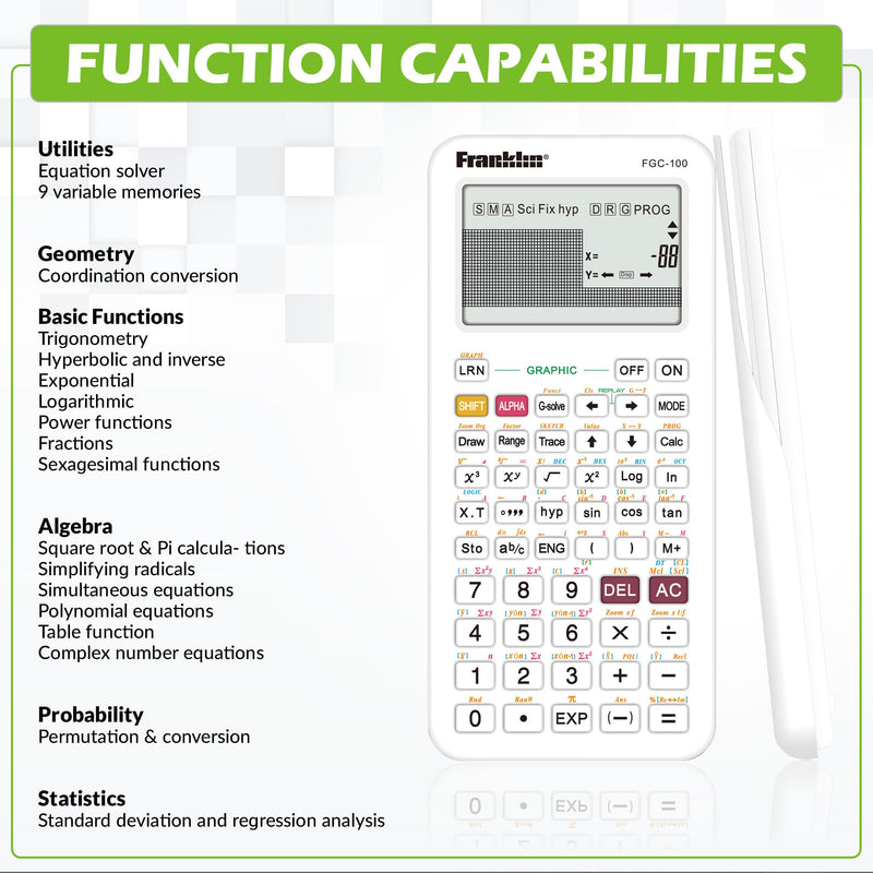 Franklin Scientific Graphing Calculator with 3 Operating Modes - Scientific Calculator Includes 20 Built-in graphs - Ideal for Beginner and Advanced Courses with Protective Cover - White