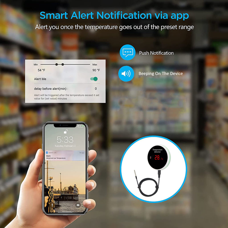  [AUSTRALIA] - WiFi Temperature Sensor Smart Thermometer: Digital Temperature Monitor Gauge with Waterproof External Probe, App Alert & Buzzer Alarm, Rechargeable Battery, for Freezer, Refrigerator, Fish Tank