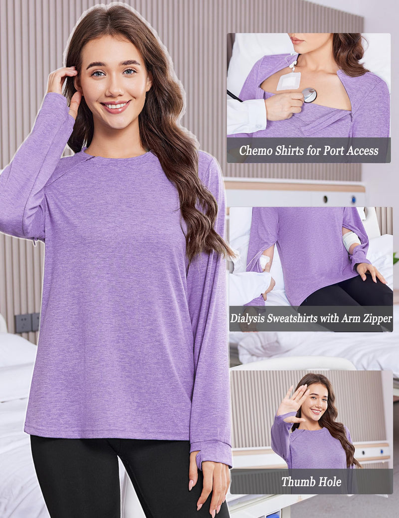 Deyeek Chemo Shirts for Port Access Women Long Sleeve Shoulder Post Surgery Shirt Dialysis Sweatshirts with Arm Zipper Purple X-Large