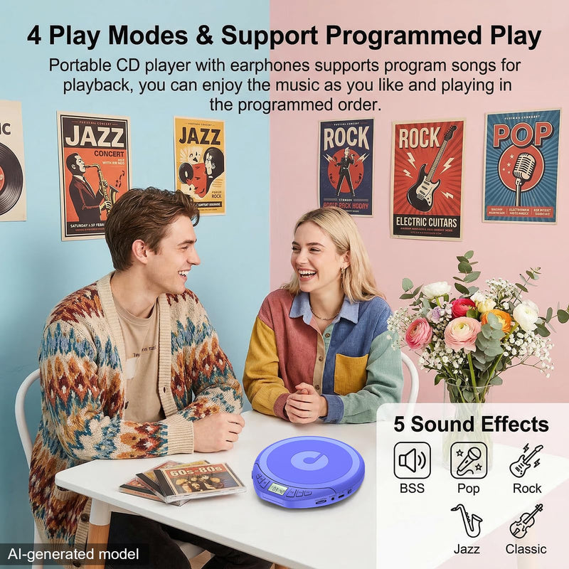 Portable CD Player with Earphones,Personal CD Discman Player | for Home Car with Anti-Skip Shockproof Protection, Small CD Player with LCD Display for Music Lovers Blue