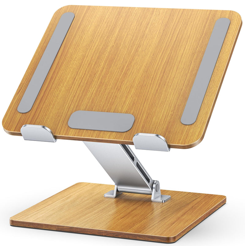 Wood + Aluminum Laptop Stand, Adjustable Height Ergonomic Laptop Riser Holder Mount, Portable Computer Notebook Stand for Desk, Compatible with MacBook Pro/Air, HP, Dell 10-16" (Walnut Grain)