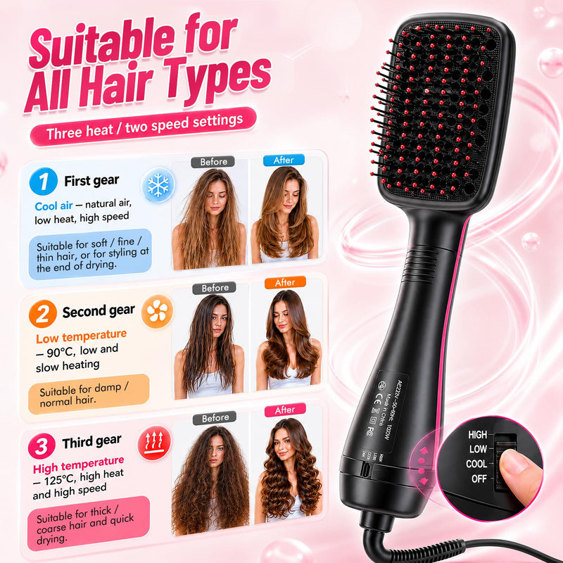 3 in 1 Hair Dryer Brush,Hot Air Styling Brush with Negative Ion,Hairdryer Straightener Brush with 3 Heat/2 Speed Settings,Scalp Massage Function for Frizz-Free Salon (Black + red) Black + Red