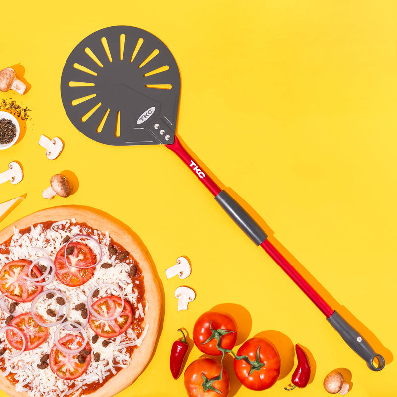 TKC 9" Perforated Pizza Peel, Professional Aluminum Pizza Turning peel, Long Handle Metal Pizza Spatula for Indoor and Outdoor, Lightweight Non-Stick Pizza Turner - Pizza Oven Accessories RED 9 Inch Red/Gray