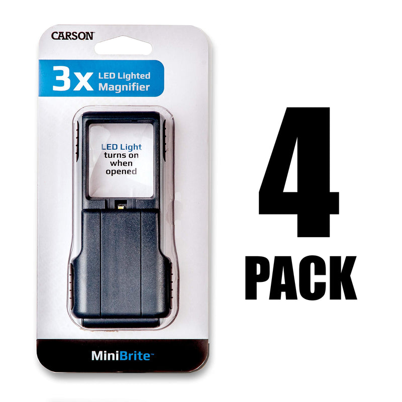 Carson MiniBrite 3x Power LED Lighted Slide-Out Magnifier with Protective Sleeve for Reading, Hobby, Crafts, Inspection and Tasks - Set of 4 Pack of 4