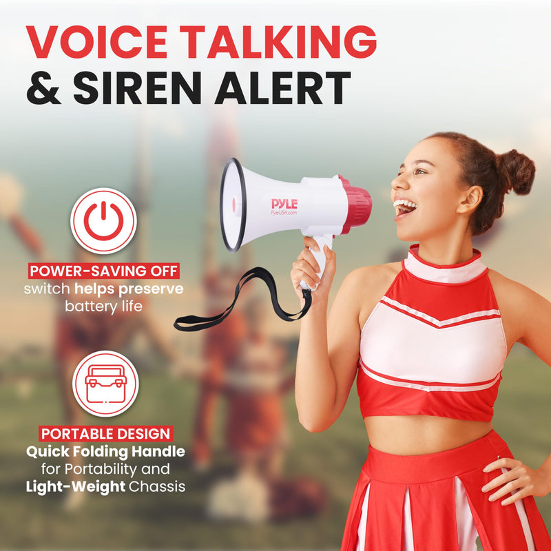 Pyle 30W Megaphone Bullhorn with Built-in Siren, Voice Recorder, and 1700-Yard Range, Featuring Adjustable Volume Control, Ergonomic Pistol Grip, and Convenient Folding Handle for Indoor/Outdoor Use