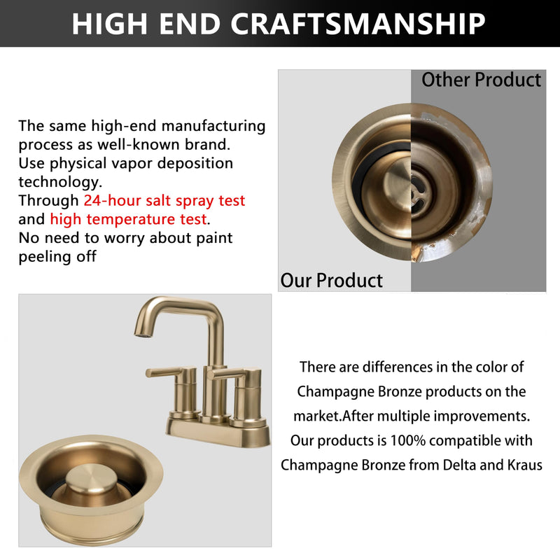 Champagne Bronze Sink Garbage Disposal Flange and Stopper for Kitchen - Fit 3.5" Standard Sink - 304 Stainless Steel Champagne Brushed Gold Brass - Compatible with Delta Faucet