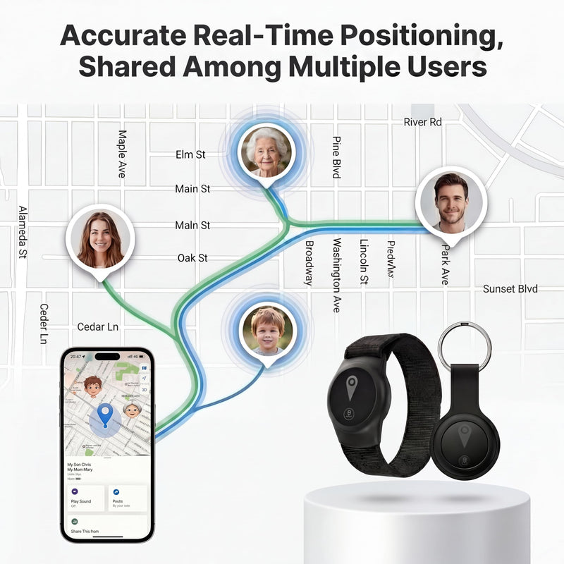 GPS Tracker for Kids, Real-Time GPS Tracking Device for Kids | Wearable Wristband & Keychain Design, No Monthly Fee/No SIM Card, Lightweight, Works with iOS Find My, IP68 Waterproof Matte black