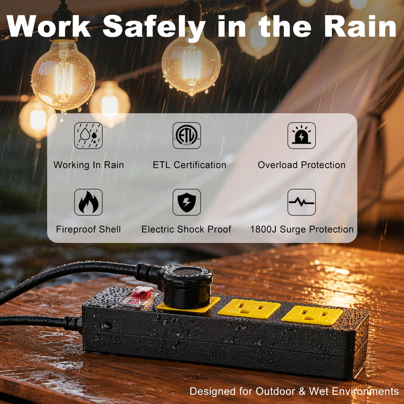 Waterproof Outdoor Power Strip with Extension Cord 6FT, Weatherproof Surge Protector, 3 Shockproof Outlets & Overload Safety Wall Mount Power Strip for Home/Outdoor Patio, Christmas Lights