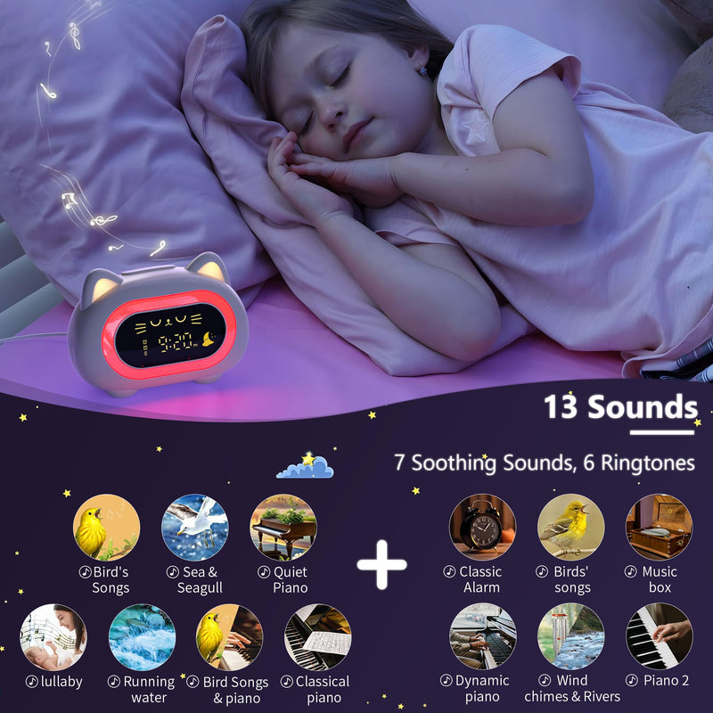 Alarm Clock for Kids, Ok to Wake Clock for Kids with Eye Protection Sleep Training Auto Off Feature 10 Night Light Dual Alarm, Kids Alarm Clock Cute Cat Gifts for Girls Creamy White New