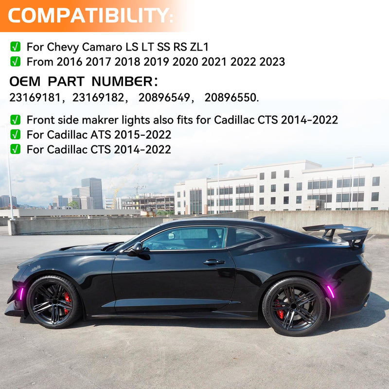 Pink Purple LED Side Marker Lights for Chevy Camaro 2016 2017 2018 2019 2020 2021 2022 2023 Front Rear Fender Bumper Reflectors, Smoked Lens Pink Purple