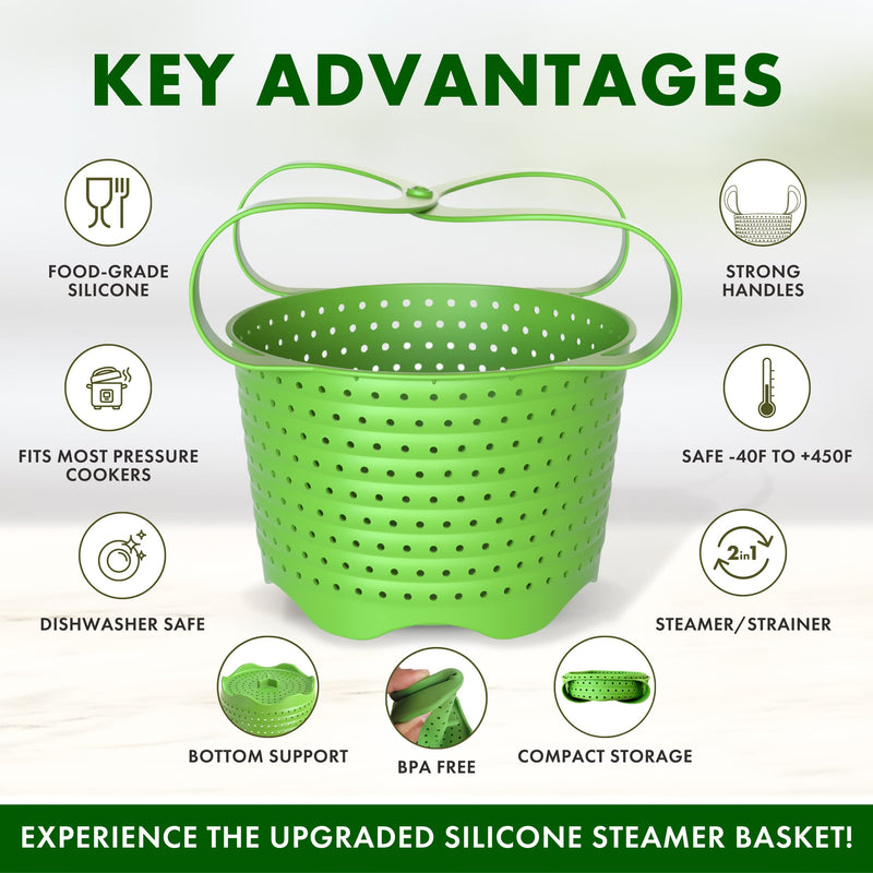 Avokado Silicone Steamer Basket for 6qt Instant Pot [3qt, 8qt avail], Other Pressure Cookers - 100% Food Safe, BPA-Free, Dishwasher Safe Collapsible Vegetable Steamer Basket & Strainer 6 QT Green