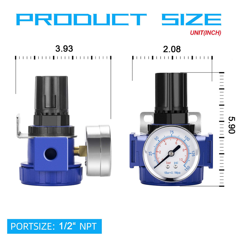 NANPU 1/2" NPT Compressed Air Regulator, Zinc Alloy Body, 150 psi Copper Core Steel-Protected Dial Gauge ＆ Metal Bracket, for Air Compressor ＆ Pneumatic Tools