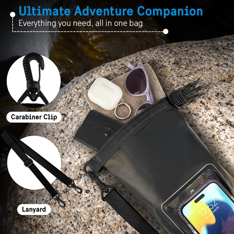 Pelican Marine IP68 Waterproof Dry Bag 2L - Roll Top Waterproof Backpack w/Phone Case/Pouch - Boating & Kayak Accessories - Essentials for Camping Swimming Beach Fishing Rafting Travel - Black Stealth Black - 2L
