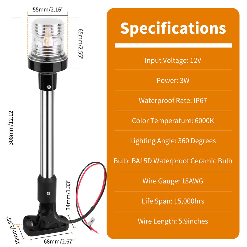 RVZONE Stern Lights for Boats, 12 inch 180° Fold Down Anchor Light IP67 Navigation Lights 360° White LED Boat Lights for Pontoon, Bimini Top, Yacht (Black) Black