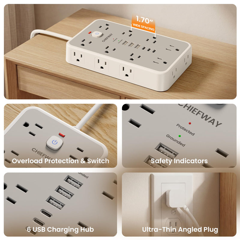 6 FT Surge Protector Power Strip with 6 USB, 16 Outlets, 2400J | 3 USB-A & 3 USB-C Ports, 1.7" Wide-Spaced Outlets, 1875W/15A, Flat Plug, 4-Sided Design for Home, Office, Dorm & Gaming White / Gray 6 FT