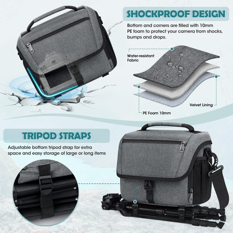 RAINSMORE Camera Bag, DSLR SLR Mirrorless Camera Case for Photographer | Waterproof Camera Sling Bag with Rain Cover & Tripod Holder Soft Padded Crossbody Camera Bag for Sony Canon Nikon Fujifilm Grey M