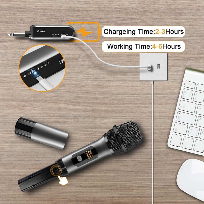 VeGue Wireless Microphone, UHF Cordless Dual Handheld Dynamic Mic Set with Rechargeable Receiver, for Karaoke Party, Voice Amplifier, PA System, Singing Machine, Church, Wedding, Meeting, 200ft (WM-2) Black