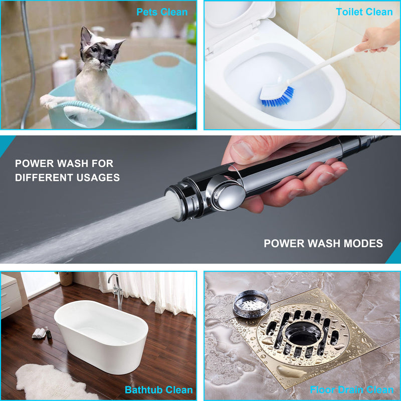 Handheld Shower Head with ON/OFF Switch,Detachable 8 Mode High Pressure Shower Wand with Long Hose and Bracket PLUS Extra Adhesive Holder for Lower Mount,Built-in Power Wash to Clean Tub,Silve Silver