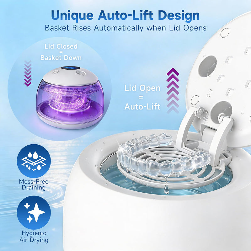 Ultrasonic Retainer Cleaner with UV Light - 45kHz Deep Cleaning Pod for Dentures, Aligners, Night Guards - Includes Cleaning Brush, 200ml Capacity (White) white