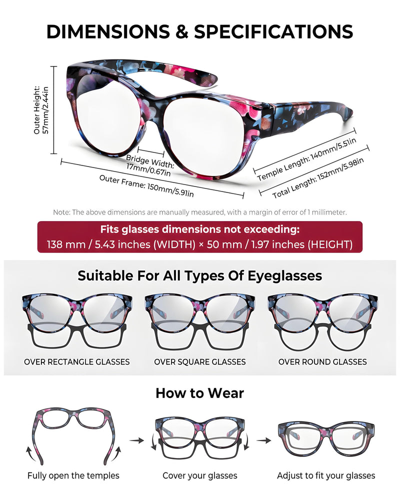 OptiCraft Blue Light Blocking Glasses Wear Over Prescription | Alleviate Eye Strain & Reduce Headaches, Round Lightweight Oversized Design, Ideal for Office Work and Daily Use A01 Floral / Clear