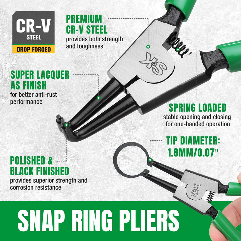 SK 4-Piece Snap Ring Pliers Set, 7-Inch Internal/External Circlip Pliers with Straight/Bent Jaw, 0.07'' Tip Diameter, Premium CR-V Steel, with Zipper Pouch 4-Piece Set