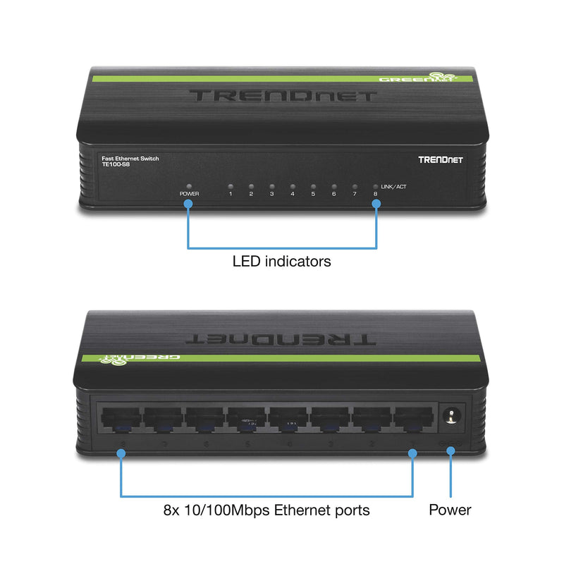 TRENDnet 8-Port Unmanaged 10/100 Mbps GREENnet Ethernet Desktop Switch, TE100-S8, 8 x 10/100 Mbps Ethernet Ports, 1.6 Gbps Switching Capacity, Plastic Housing, Network Ethernet Switch, Plug & Play Black Fast Ethernet