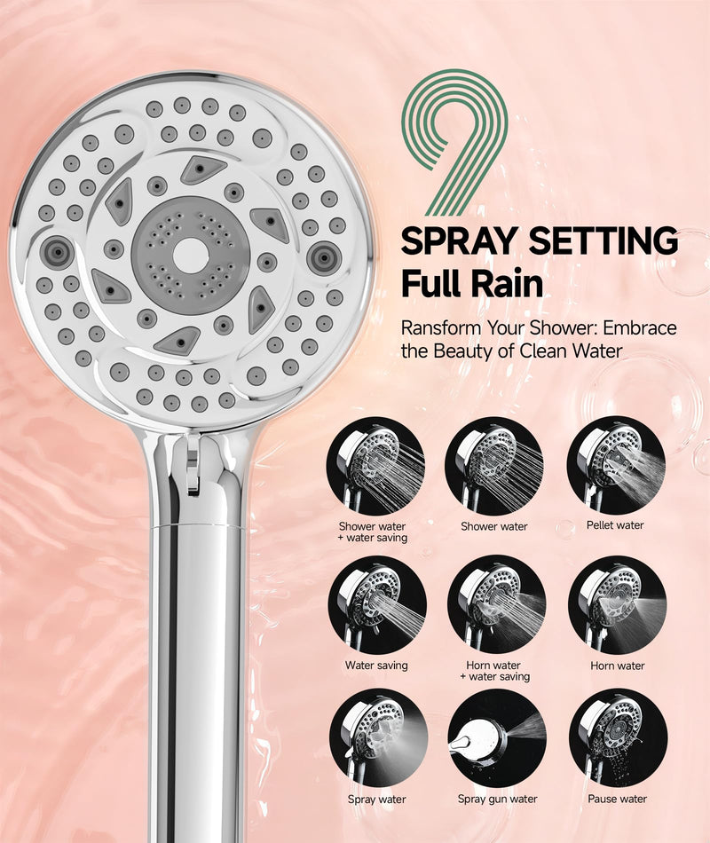 SunCleanse Filtered Shower Head with Handheld, 9-Spray Setting Detachable Showerhead with Filters, Shower Head for Hard Water - Filtered Chlorine, Improve Skin and Hair Texture, Chrome 9 Mode(With Filter)