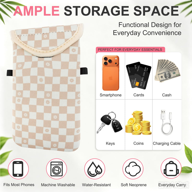 KJQJLY RFID Blocking Neoprene Cell Phone Sleeve (Beige Floral Checkered) | RFID Blocking Neoprene Cell Phone Sleeve Pouch with Crossbody Strap Fits iPhone 17/16/15/14 Pro Max, Samsung S25, Pixel 10 Beige Floral Checkered