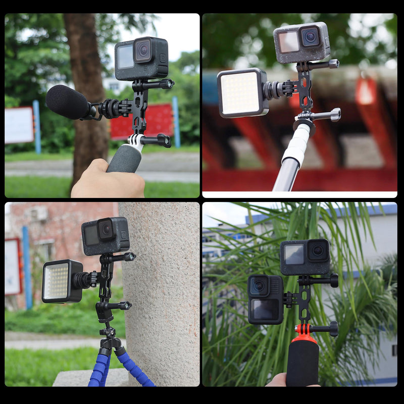 Aluminum Horizontal Vertical Dual Mount Adapter for GoPro 13/12/11/10/9 | Twin Cameras Mount Bracket for DJI Action 6/5/4/3, for Insta360 Ace/Pro/Pro2, Expand Mount for LED Fill Light / Microphone